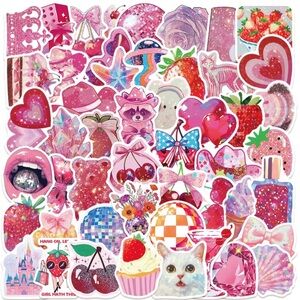50-Piece Pink Aesthetic Sticker Set | Sparkly Glossy Vinyl | Cherries, Disco 🍒